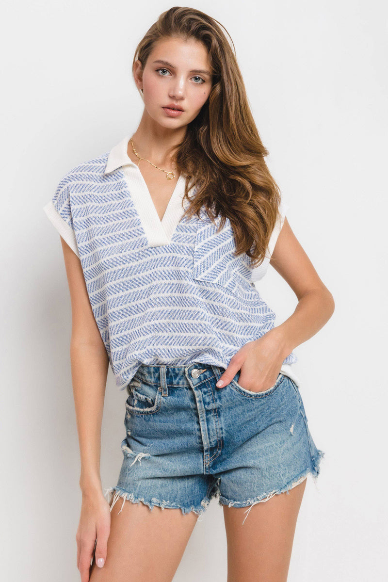 Blue Striped Knit V-neck Short Sleeve Top-Ces Femme-Sissy Boutique