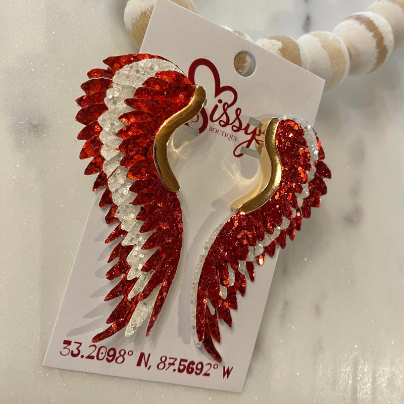 RED AND WHITE GLITTER FULL ANGEL WING EARRINGS-Sissy Boutique-Sissy Boutique