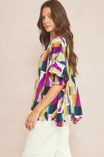 Abstract Boat Neck Oversized Blouse with Smocked Sleeve Sissy Boutique