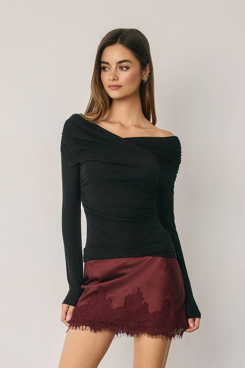 Black Off Shoulder Ruched Long Sleeve Top | Dress Forum