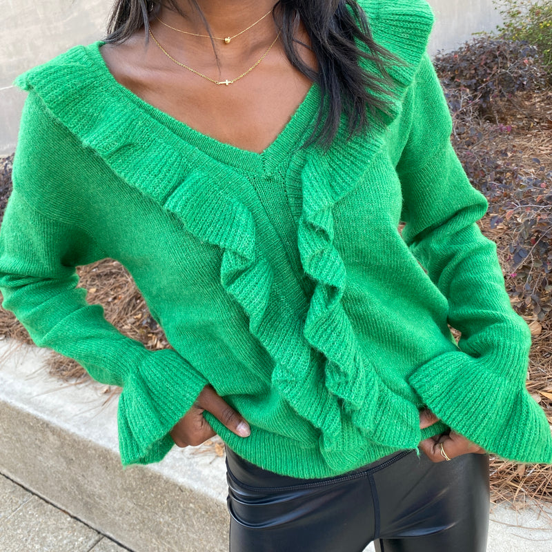 RUFFLE V-NECK EMERALD GREEN SWEATER-Sissy Boutique-Sissy Boutique
