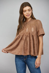 Mocha Brown Suede Top with Sheer Mesh Uppere Panel with Lace Applique | FATE
