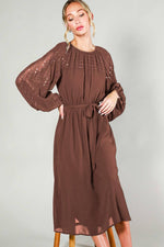 Mocha Party Midi Dress with Sequined Sleeve Detailing Vine & Love