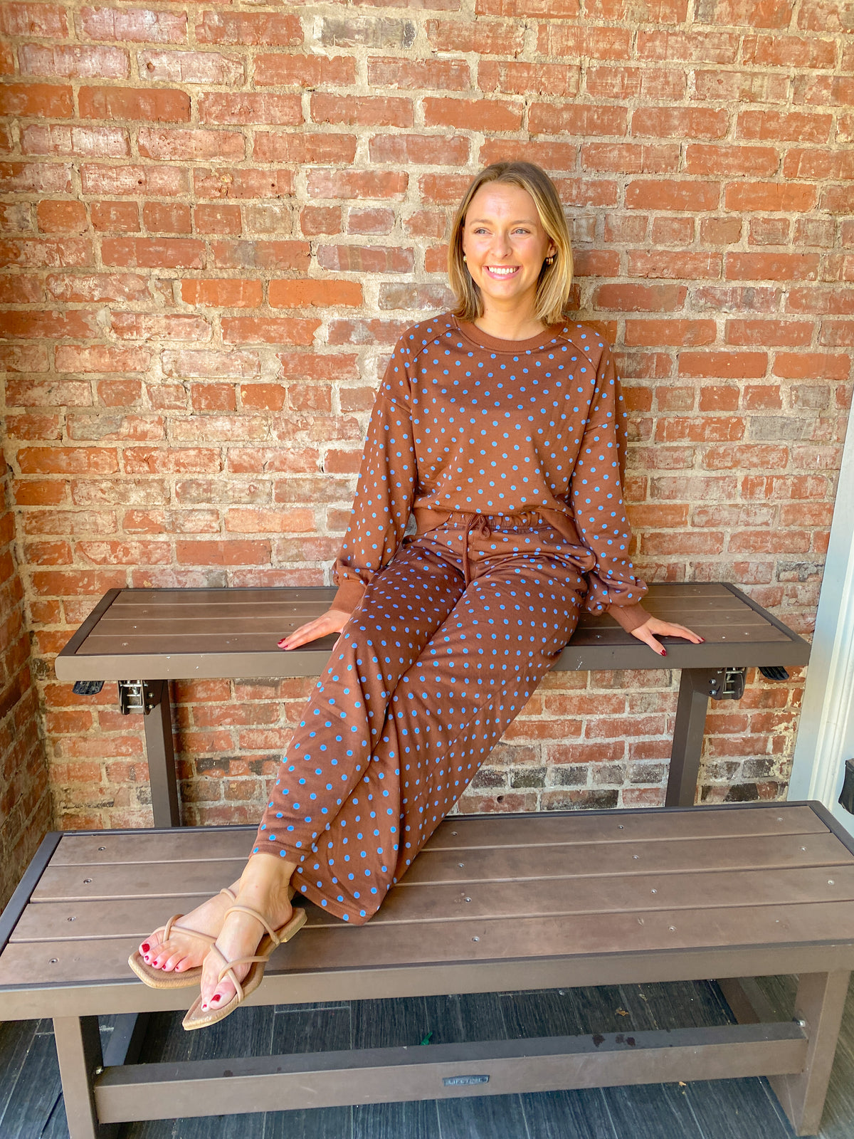 Brown and Blue Polka Dot Drawstring Wide Leg Long Sleeve Top Pant Set | K English Collection