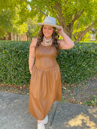 BROWN SCOOPED NECK SLEEVELESS DROP WAIST FAUX LEATHER MIDI DRESS | Sunday Edition by LE LIS