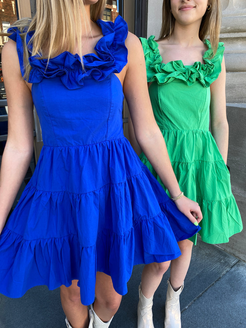 BLUE SOLID POPLIN RUFFLE TIERED MINI DRESS-Sissy Boutique-Sissy Boutique