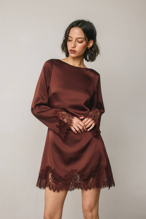Satin & Lace Long Sleeve Mini Dress: RUM RAISIN | Dress Forum