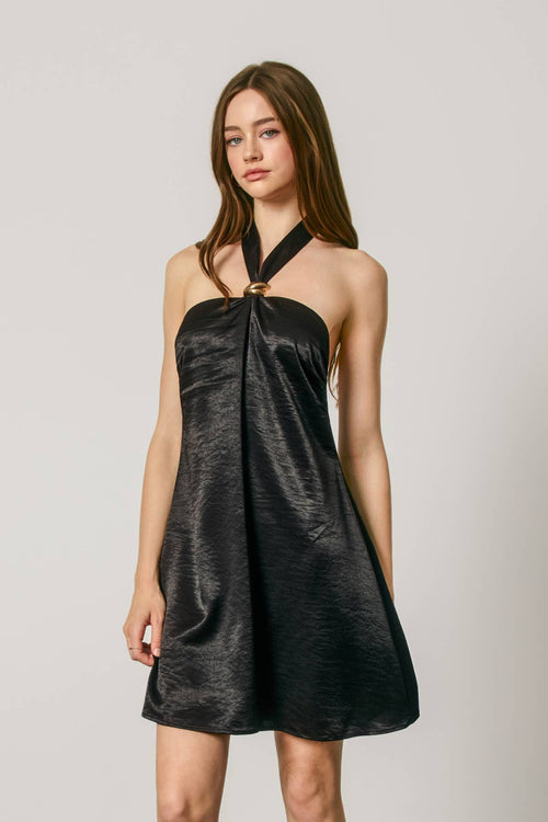 Satin Gold Trim Halter Mini Dress: BLACK | Dress Forum