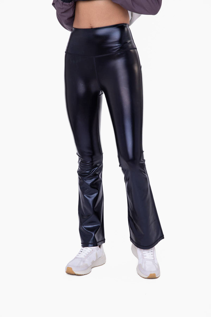 Black Faux Patent Leather Flare High Waisted Leggings Mono B