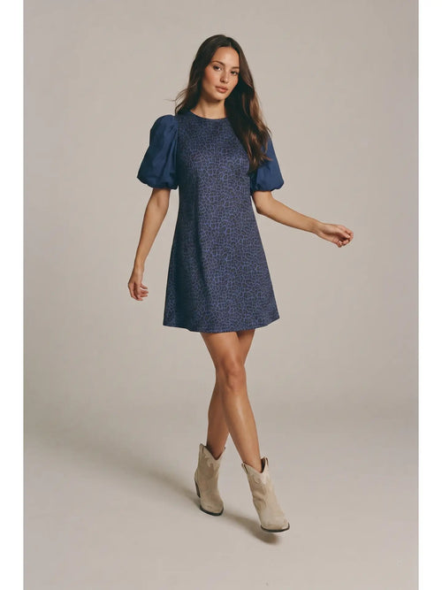 Aegean Wild Navy Leopard Print Puff Sleeve Mini Dress | Meetmeinsantorini