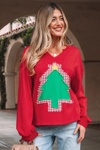 Red Plaid Christmas Tree Patch Drop Shoulder V-Neck Sweatshirt | K English Collection