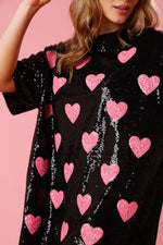 Black Sequined Oversized Shirt Dress with Pink Hearts Fantastic Fawn