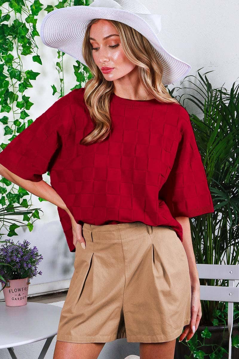 Burgundy Crew Neck Short-sleeve Textured Knit Sweater Top-Vine & Love-Sissy Boutique