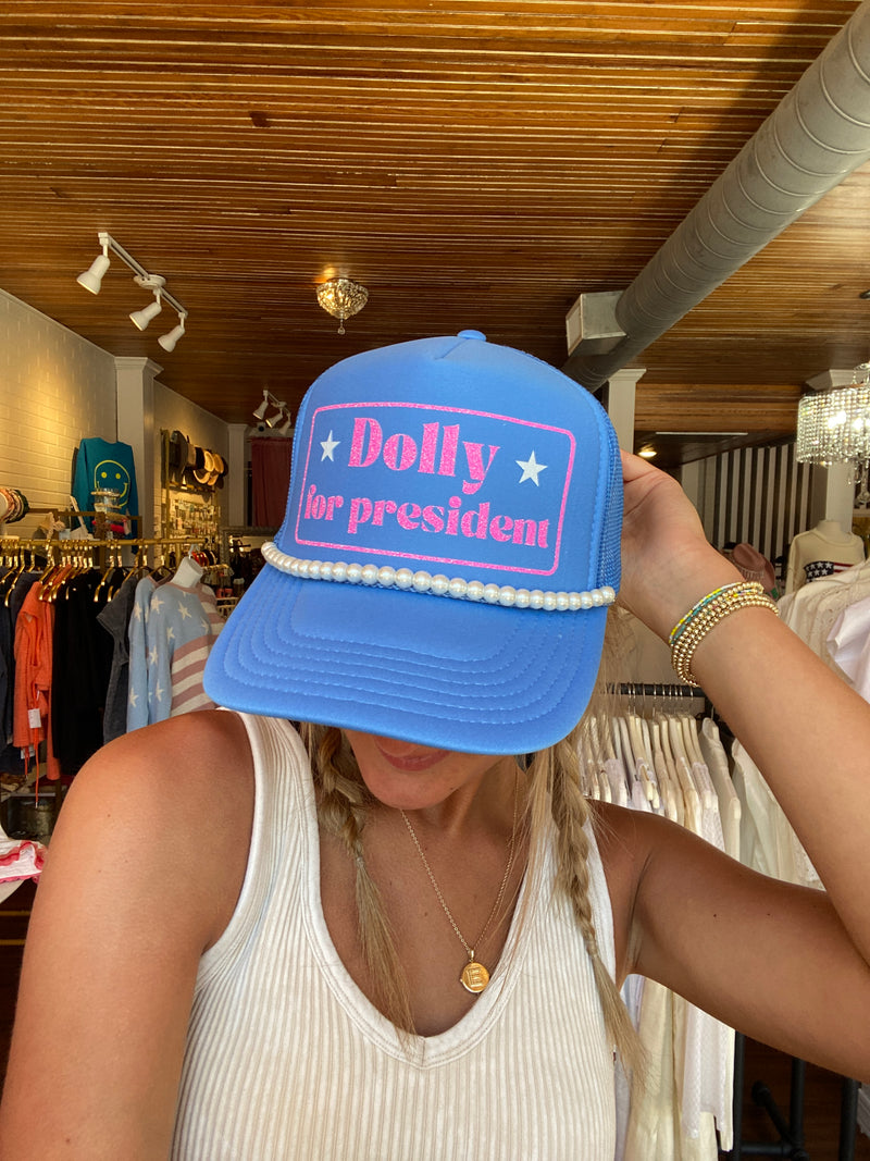 DOLLY FOR PRESIDENT TRUCKER HAT WITH PEARL CHAIN-Grace And Groove-Sissy Boutique