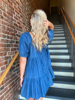 DENIM MINI DRESS WITH SQUARE NECKLINE AND BUBBLE SHORT SLEEVES-Sissy Boutique-Sissy Boutique