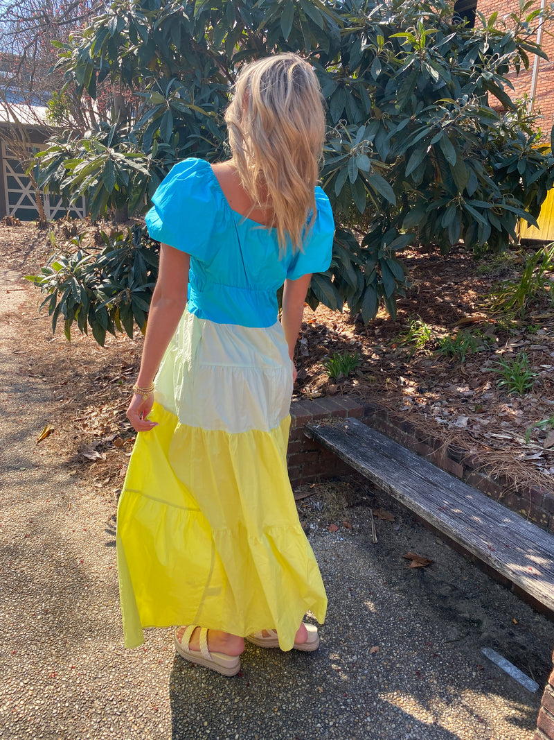 Color Block Balloon Sleeve Maxi Aqua And Yellow-Sissy Boutique-Sissy Boutique