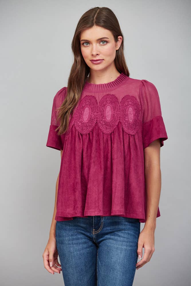 Mocha Brown Suede Top with Sheer Mesh Uppere Panel with Lace Applique | FATE