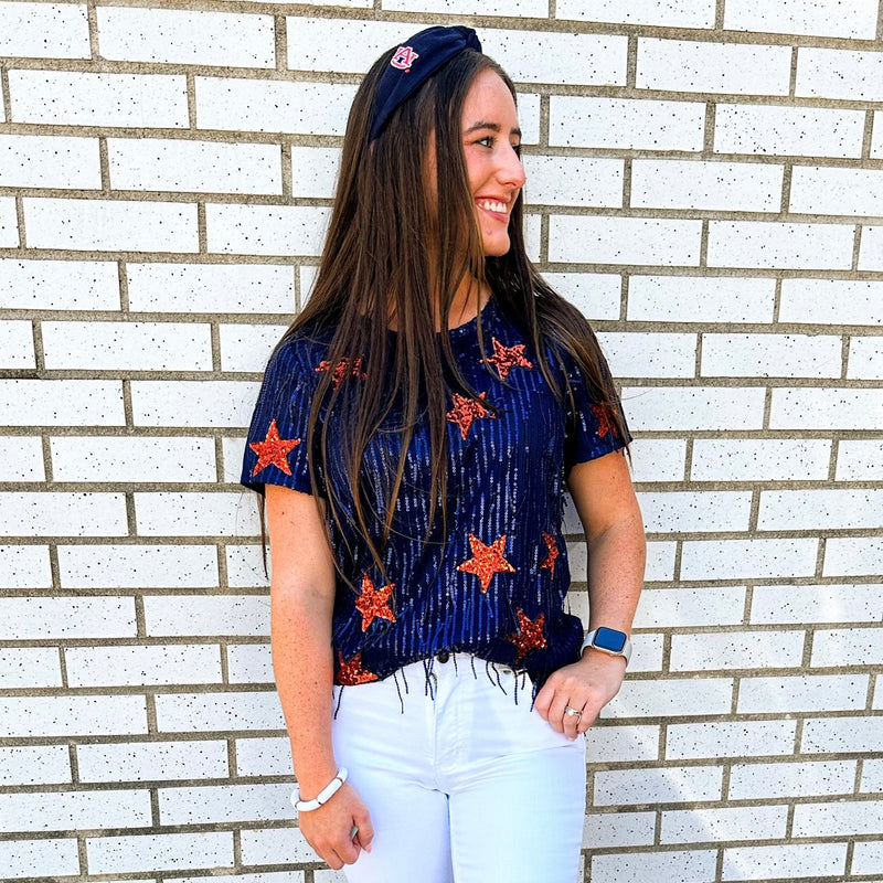 SHORT SLEEVE NAVY AND ORANGE SEQUINS STARS TOP - AUBURN-Sissy Boutique-Sissy Boutique