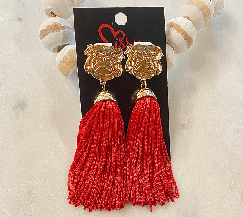 GOLD BULLDOG AND RED TASSEL EARRINGS-Sissy Boutique-Sissy Boutique