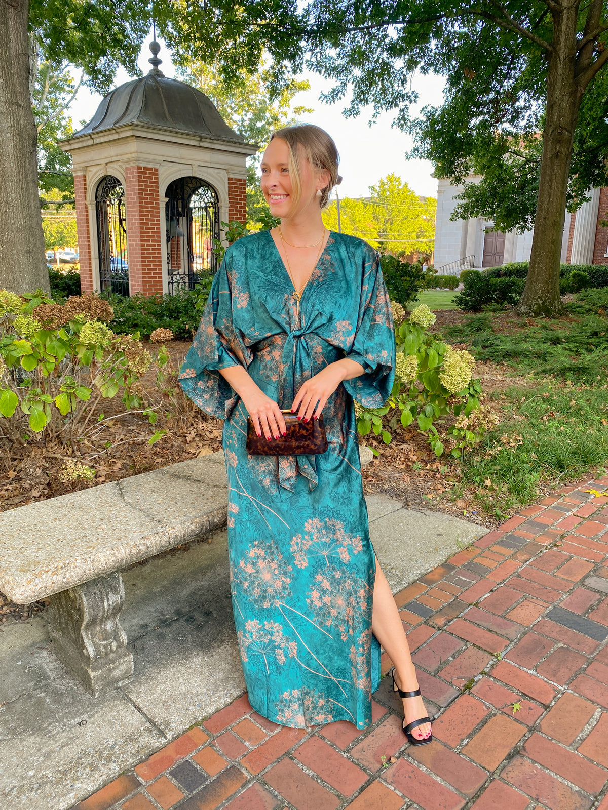 Teal Floral Kimono Sleeve Tie Back Maxi Dress l | Aakaa