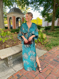 Teal Floral Kimono Sleeve Tie Back Maxi Dress l | Aakaa