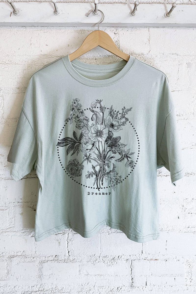 DREAMER FLOWER GRAPHIC LONG DUSTY MINT CROP TEE-Rustee Clothing-Sissy Boutique