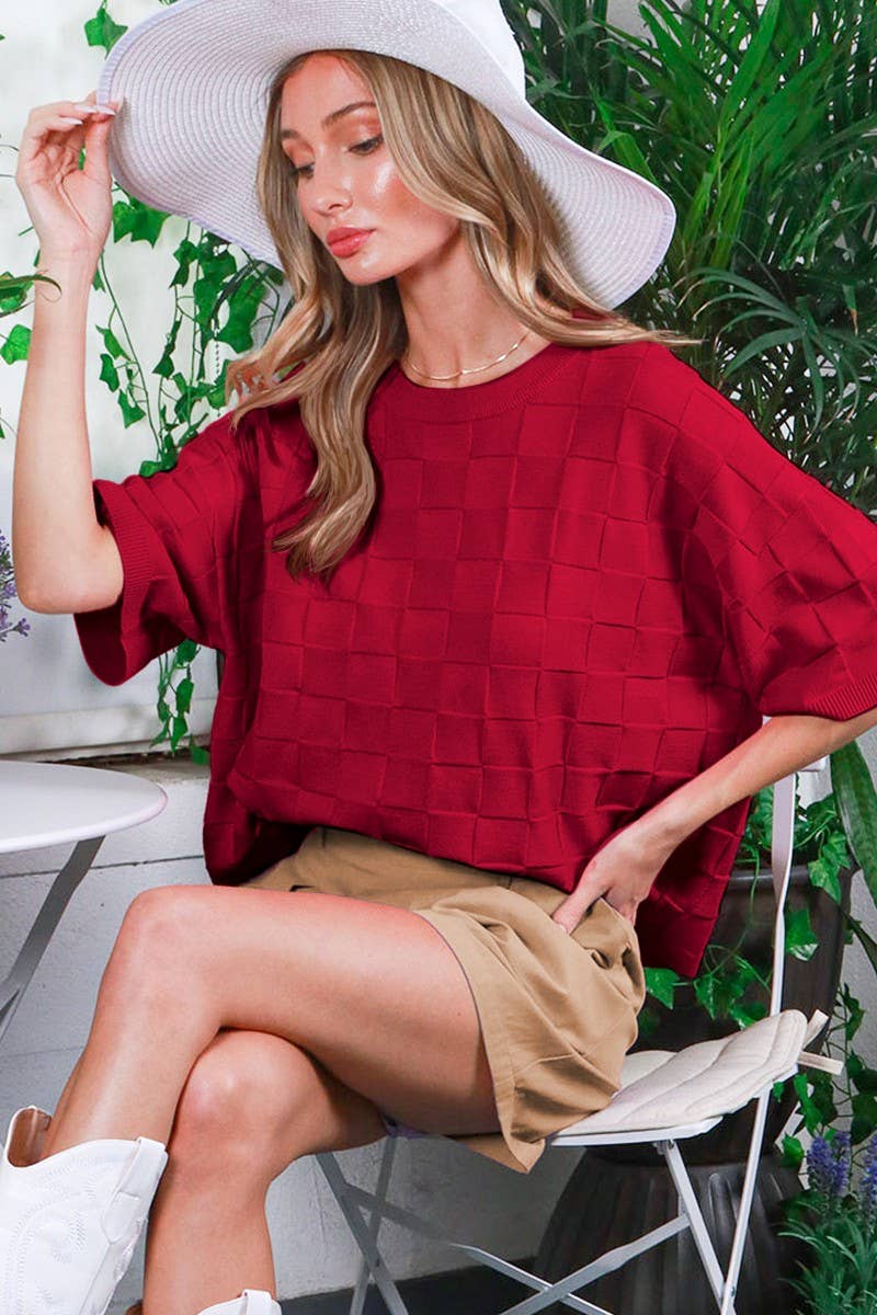 Burgundy Crew Neck Short-sleeve Textured Knit Sweater Top-Vine & Love-Sissy Boutique
