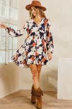 NAVY AND RUST FLORAL V-NECK TIERED DRESS-Ces Femme-Sissy Boutique