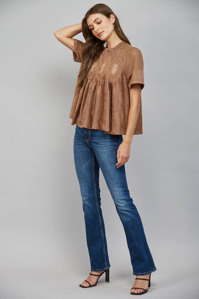 Mocha Brown Suede Top with Sheer Mesh Uppere Panel with Lace Applique | FATE