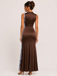 BROWN SATIN COWL NECK DRESS WITH SIDE LACE | Fore Collection