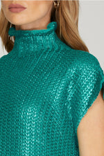 GREEN METALLIC FOIL SHORT SLEEVE SWEATER TOP-BNS-Sissy Boutique