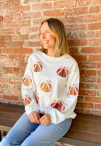 White Corded and Sequin Coquette Bow Pumpkin Pullover | K English Collection