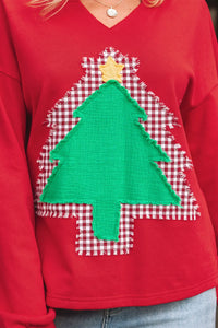 Red Plaid Christmas Tree Patch Drop Shoulder V-Neck Sweatshirt | K English Collection