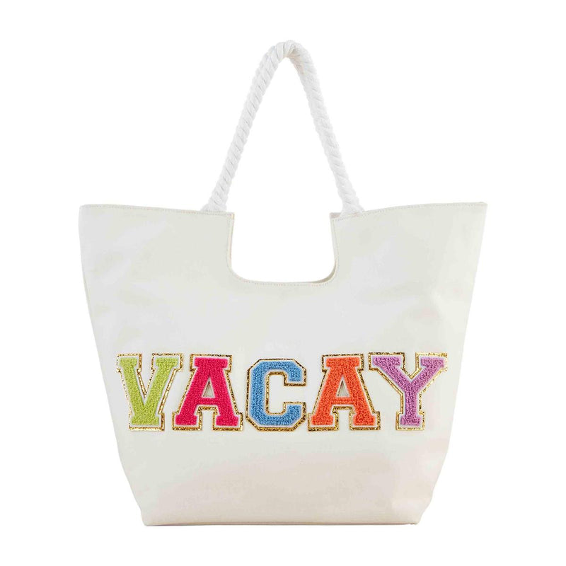 MUD PIE CANVAS WHITE VACAY STUFF PATCH TOTE-Mud Pie-Sissy Boutique