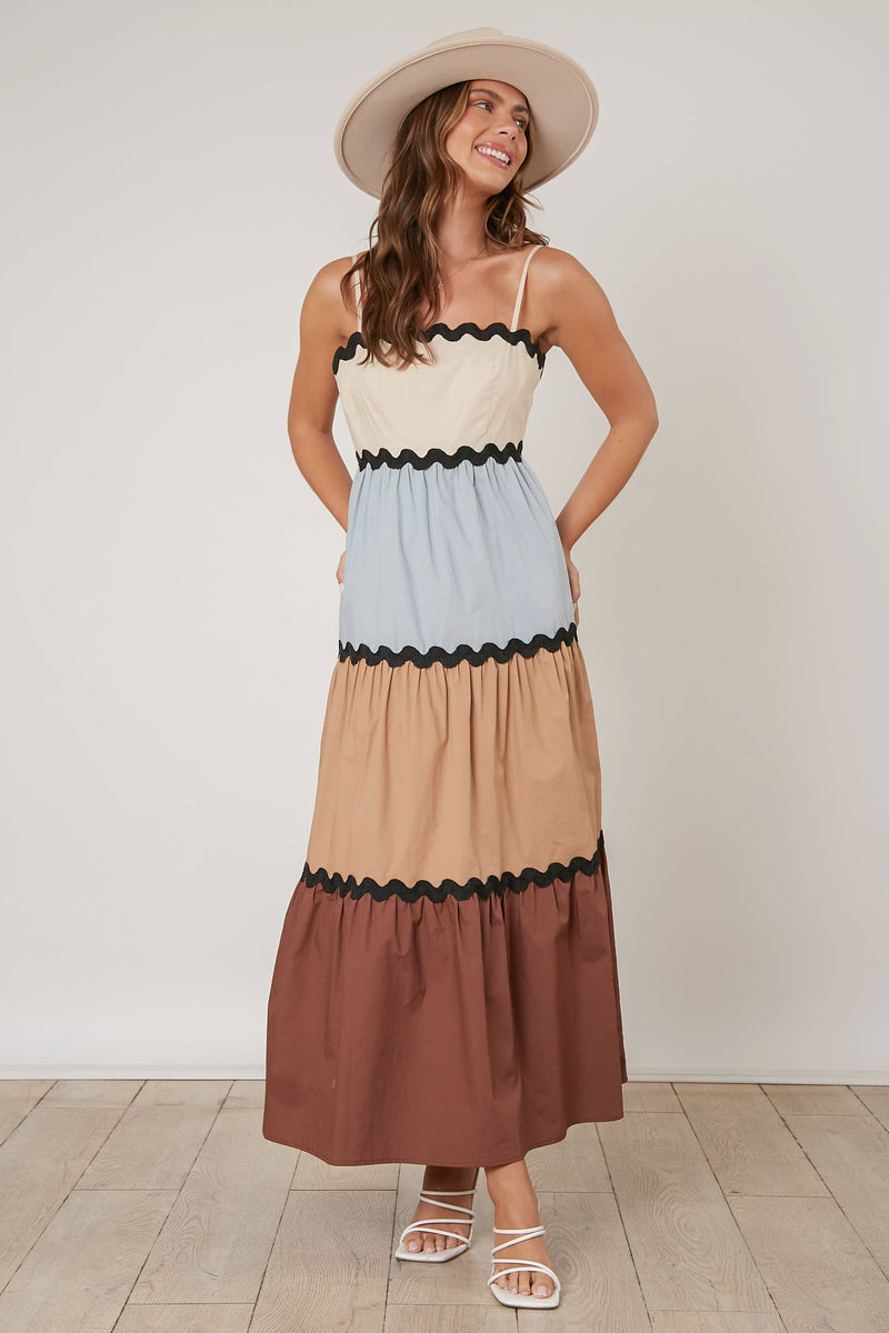 BROWN AND BABY BLUE COLOR BLOCKED TIERED MAXI DRESS-Peach Love California-Sissy Boutique