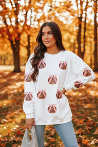 White Corded and Sequin Coquette Bow Pumpkin Pullover | K English Collection
