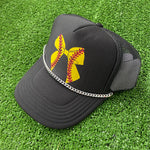 BLACK SOFTBALL BOW TRUCKER HAT WITH SILVER CHAIN-Grace And Groove-Sissy Boutique