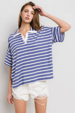 NAVY STRIPED COLLARED DROP SHOULDER TOP-Ces Femme-Sissy Boutique