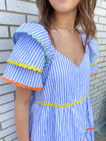 NAVY SEERSUCKER STRIPED AND MULTI-COLORED RIC RAC DRESS