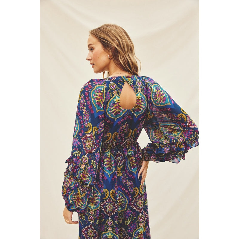 Indigo and Multicolored Paisley Ruffle Detail Maxi Dress Sissy Boutique