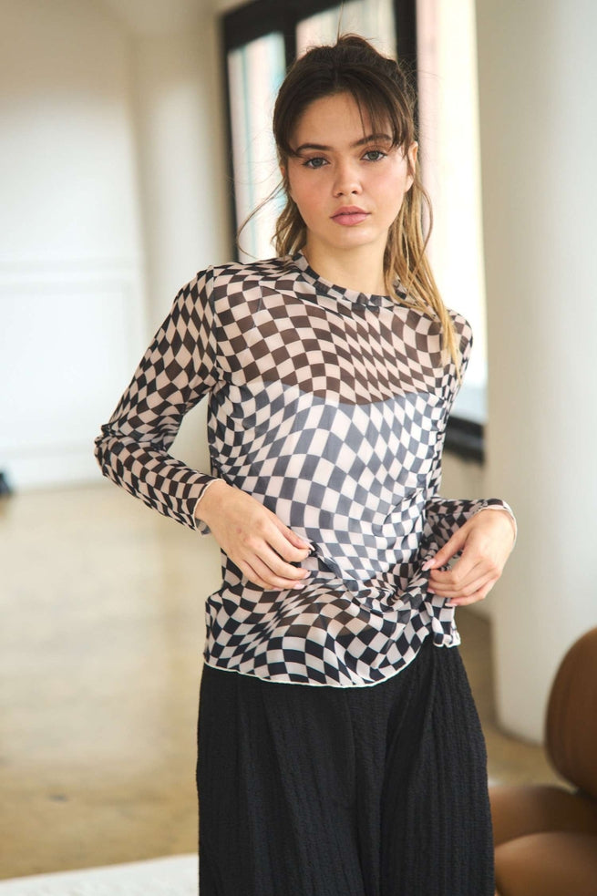 BLACK AND WHITE SHEER LONG SLEEVE CHECKERED TOP-Davi & Dani-Sissy Boutique