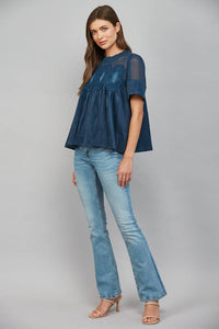 Mocha Brown Suede Top with Sheer Mesh Uppere Panel with Lace Applique | FATE