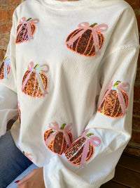White Corded and Sequin Coquette Bow Pumpkin Pullover | K English Collection