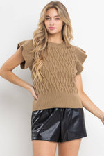 RUFFLE SLEEVE CABLE SWEATER TOP / MOCHA-Ces Femme-Sissy Boutique