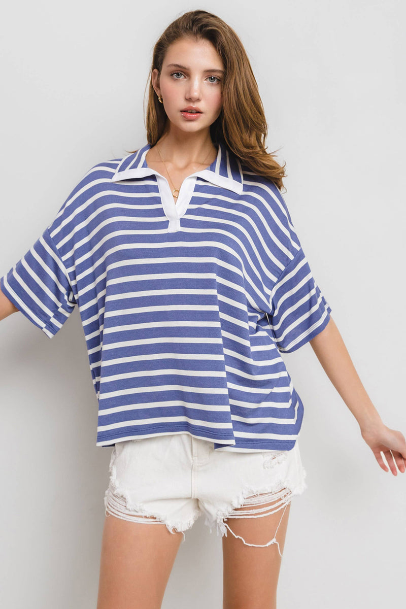 NAVY STRIPED COLLARED DROP SHOULDER TOP-Ces Femme-Sissy Boutique