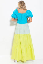Color Block Balloon Sleeve Maxi Aqua And Yellow-Sissy Boutique-Sissy Boutique