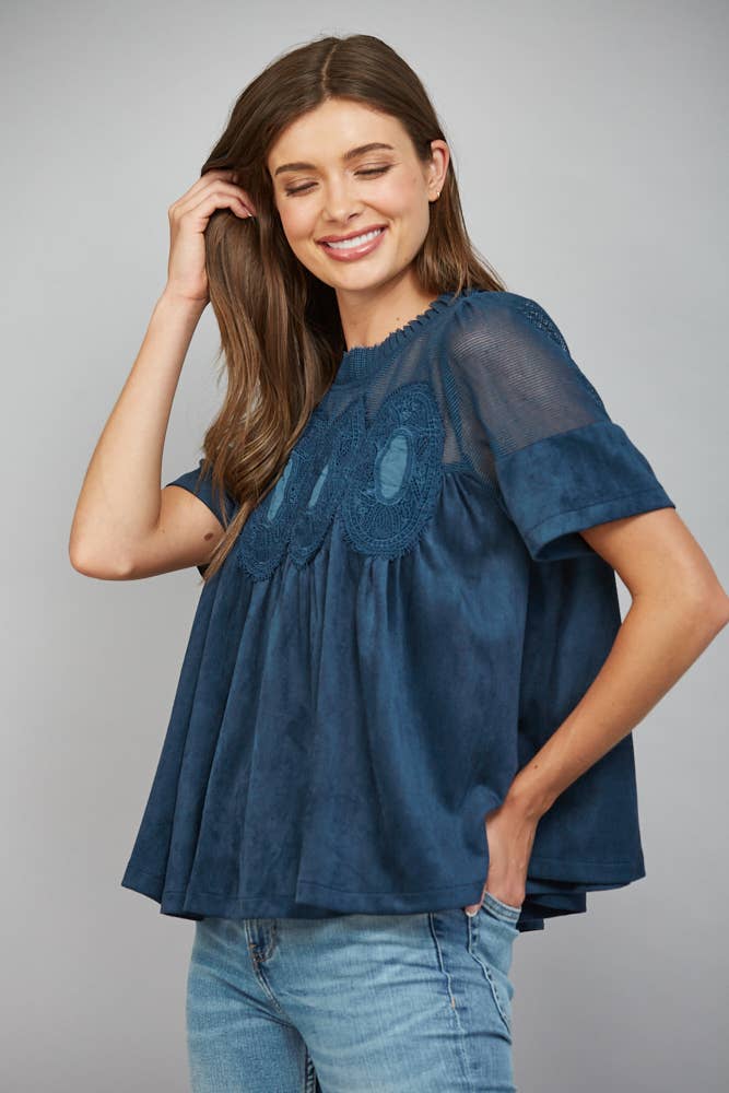 Mocha Brown Suede Top with Sheer Mesh Uppere Panel with Lace Applique | FATE