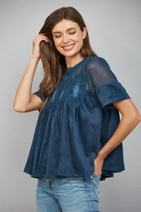 Mocha Brown Suede Top with Sheer Mesh Uppere Panel with Lace Applique | FATE