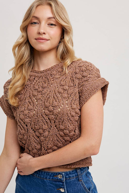 Mocha Floral Knit Short Sleeve Sweater | Bluivy