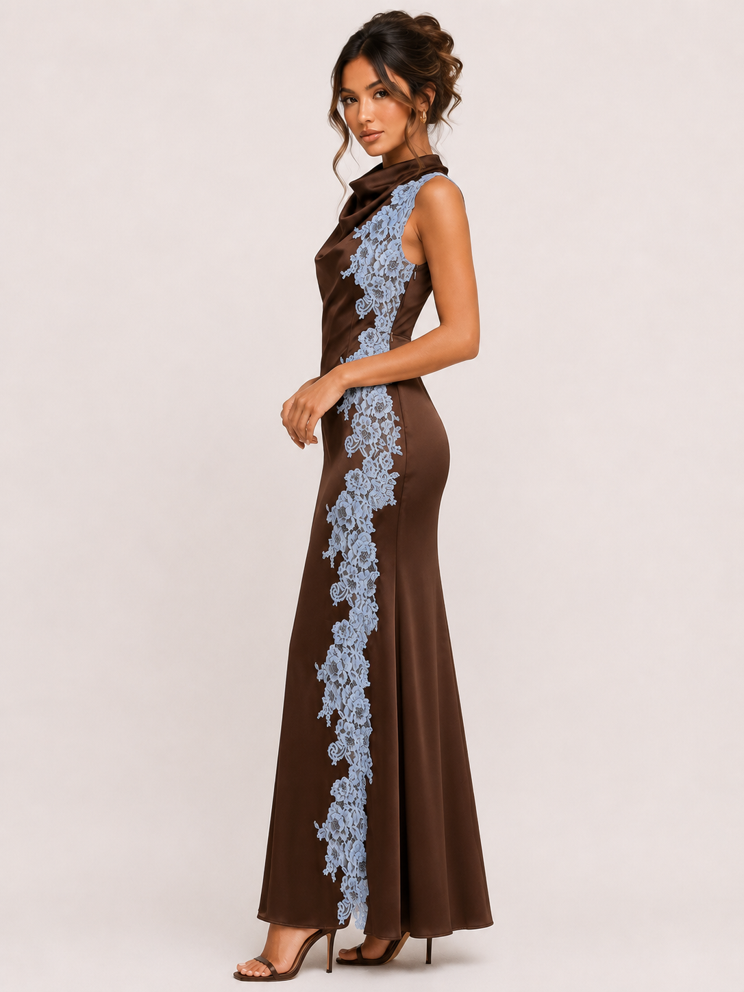 BROWN SATIN COWL NECK DRESS WITH SIDE LACE | Fore Collection
